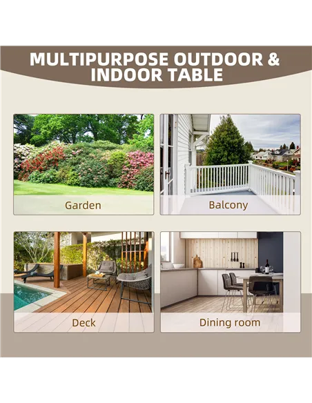 Outsunny Wooden Garden Dining Table, Wagon Wheel Outdoor Coffee Table with 3 cm Wood Top for Patio, Balcony, Terrace, 110 x 60 x