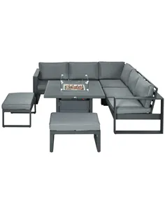 Outsunny 6-Piece Aluminium Garden Furniture Set with Fire Pit Table, Outdoor Dining Sofa Set with Cushions, Loveseats and Footst