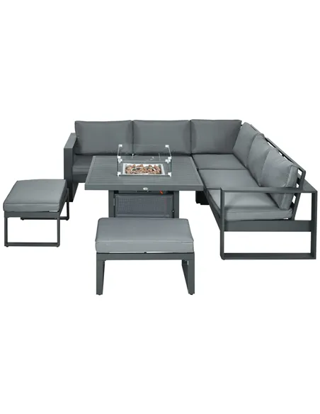 Outsunny 6-Piece Aluminium Garden Furniture Set with Fire Pit Table, Outdoor Dining Sofa Set with Cushions, Loveseats and Footst