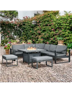 Outsunny 6-Piece Aluminium Garden Furniture Set with Fire Pit Table, Outdoor Dining Sofa Set with Cushions, Loveseats and Footst 2