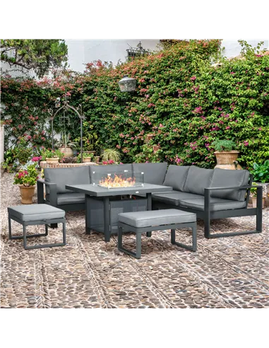 Outsunny 6-Piece Aluminium Garden Furniture Set with Fire Pit Table, Outdoor Dining Sofa Set with Cushions, Loveseats and Footst