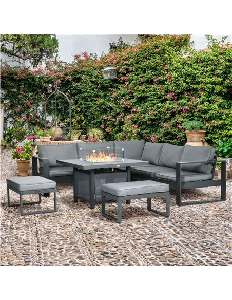 Outsunny 6-Piece Aluminium Garden Furniture Set with Fire Pit Table, Outdoor Dining Sofa Set with Cushions, Loveseats and Footst