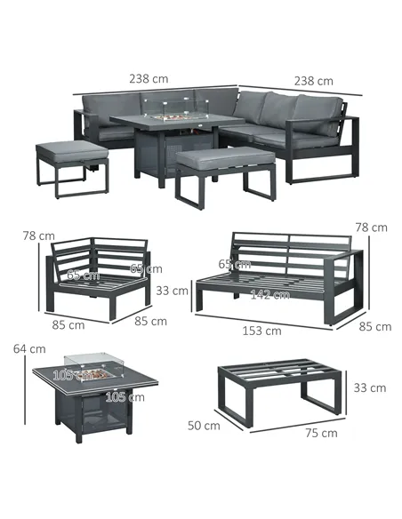 Outsunny 6-Piece Aluminium Garden Furniture Set with Fire Pit Table, Outdoor Dining Sofa Set with Cushions, Loveseats and Footst