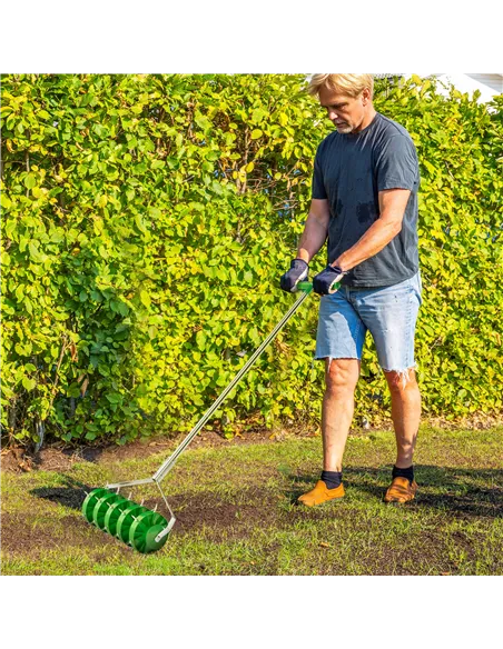 Outsunny Rolling Lawn Aerator, Manual Grass Spike Roller, Heavy Duty Garden Aerator with 3 Piece Detachable Handle and T-bar Gri