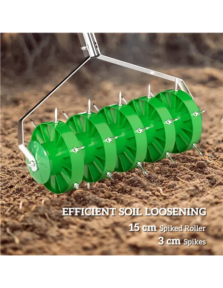Outsunny Rolling Lawn Aerator, Manual Grass Spike Roller, Heavy Duty Garden Aerator with 3 Piece Detachable Handle and T-bar Gri