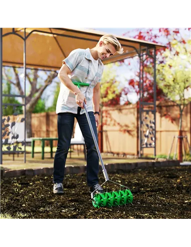 Outsunny Rolling Lawn Aerator, Manual Grass Spike Roller, Heavy Duty Garden Aerator with 3 Piece Detachable Handle and T-bar Gri
