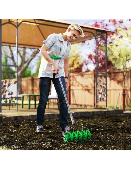 Outsunny Rolling Lawn Aerator, Manual Grass Spike Roller, Heavy Duty Garden Aerator with 3 Piece Detachable Handle and T-bar Gri