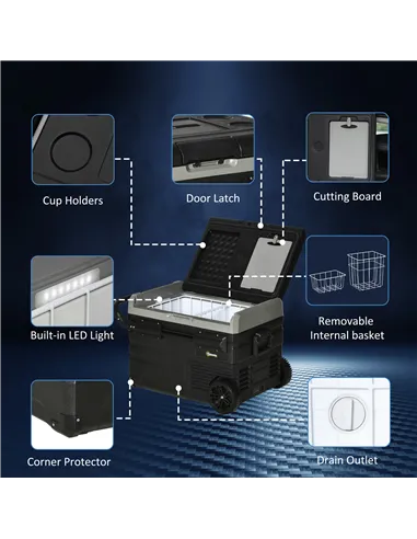 Outsunny 40L Car Refrigerator, Portable Compressor Cooler Box, Fridge Freezer w/ Inner LED Light, Foldable Handles, Cup Holders,