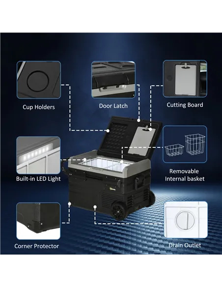 Outsunny 40L Car Refrigerator, Portable Compressor Cooler Box, Fridge Freezer w/ Inner LED Light, Foldable Handles, Cup Holders,