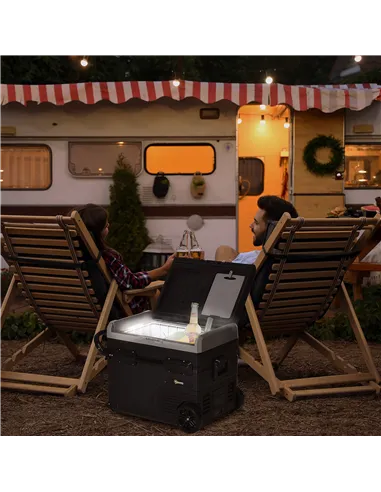 Outsunny 50L Car Refrigerator, Portable Compressor Cooler Box, Fridge Freezer w/ Inner LED Light, Foldable Handles, Cup Holders,