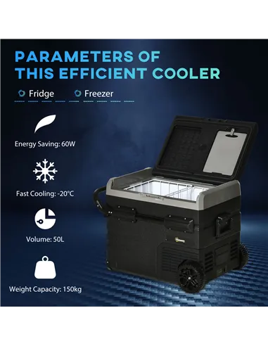 Outsunny 50L Car Refrigerator, Portable Compressor Cooler Box, Fridge Freezer w/ Inner LED Light, Foldable Handles, Cup Holders,