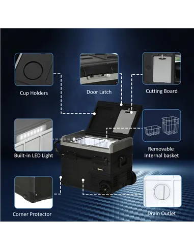 Outsunny 50L Car Refrigerator, Portable Compressor Cooler Box, Fridge Freezer w/ Inner LED Light, Foldable Handles, Cup Holders,