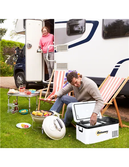 Outsunny 12V Car Refrigerator w/ LED Light & Foldable Handles, 18L Portable Compressor Cooler, Fridge Freezer with 12/24V DC and