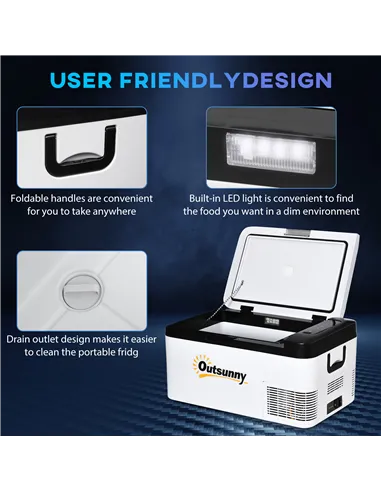 Outsunny 12V Car Refrigerator w/ LED Light & Foldable Handles, 18L Portable Compressor Cooler, Fridge Freezer with 12/24V DC and