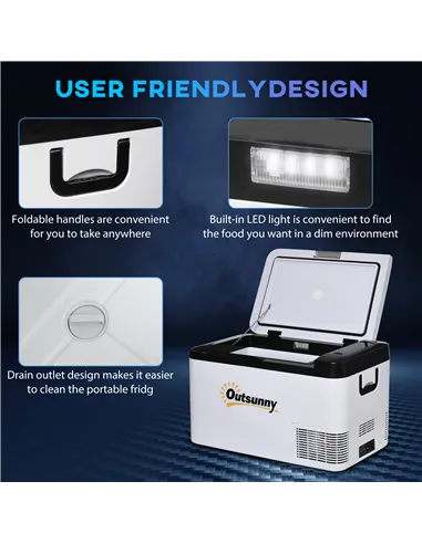 Outsunny 12V Car Refrigerator w/ LED Light & Foldable Handles, 25L Portable Compressor Cooler, Fridge Freezer with 12/24V DC and