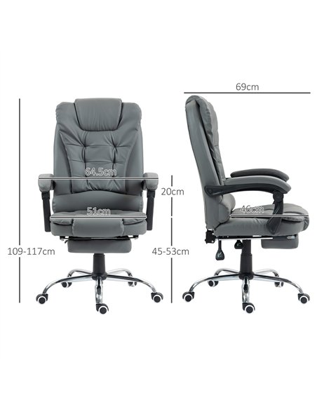 HOMCOM Executive Office Chair, Home Office Chair with Swivel Wheels, Reclining Backrest, Retractable Footrest, Grey