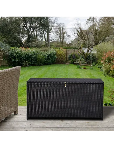 Outsunny 284 L Rattan Garden Storage Box, Outdoor Garden Storage Box with Gas Lift and Lockable Lid, Outdoor Wicker Rattan Chest