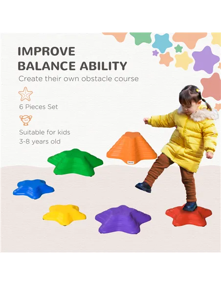 Outsunny 6-Piece Kids Balance Stepping Stones, Starfish Style Non-slip Obstacle Course, Stackable Balance Blocks Garden Toys Enc