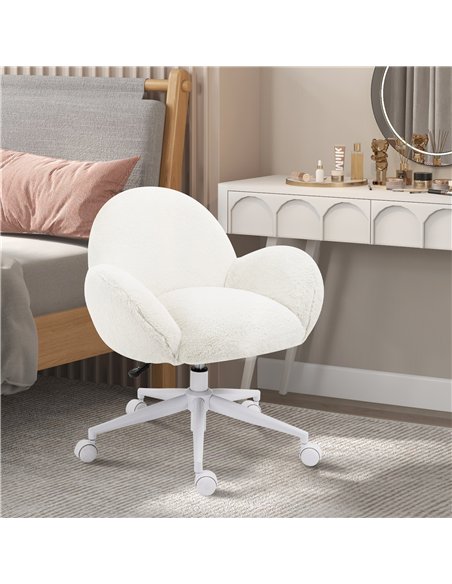 HOMCOM Makeup Vanity Chair, Cute Fluffy Desk Chair with Rolling Wheels for Bedroom Living Room, Cream White