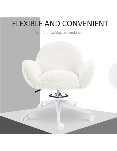HOMCOM Makeup Vanity Chair, Cute Fluffy Desk Chair with Rolling Wheels for Bedroom Living Room, Cream White