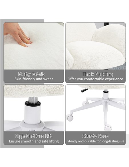 HOMCOM Makeup Vanity Chair, Cute Fluffy Desk Chair with Rolling Wheels for Bedroom Living Room, Cream White