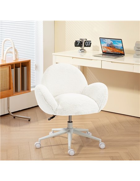 HOMCOM Makeup Vanity Chair, Cute Fluffy Desk Chair with Rolling Wheels for Bedroom Living Room, Cream White