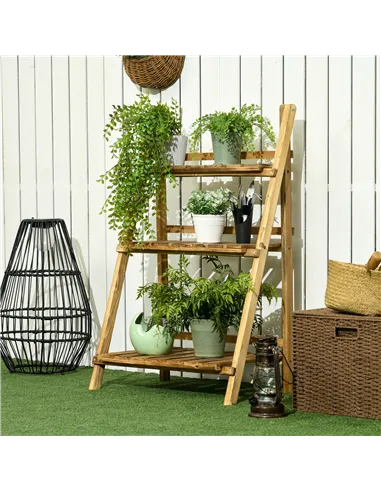 Outsunny Wooden Folding Flower Pot Stand 3 Tier Garden Planter Display Ladder Gardener Storage Shelves Rack Herb Holder (60L x 3