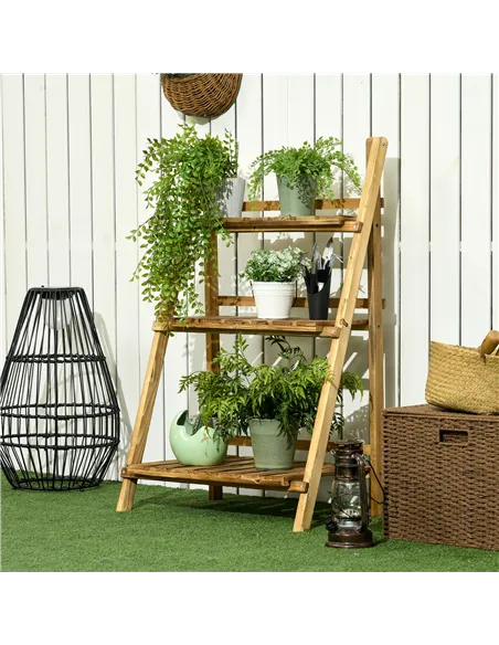 Outsunny Wooden Folding Flower Pot Stand 3 Tier Garden Planter Display Ladder Gardener Storage Shelves Rack Herb Holder (60L x 3