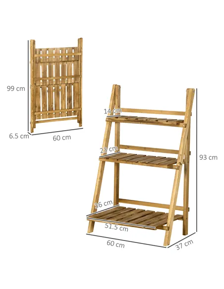 Outsunny Wooden Folding Flower Pot Stand 3 Tier Garden Planter Display Ladder Gardener Storage Shelves Rack Herb Holder (60L x 3