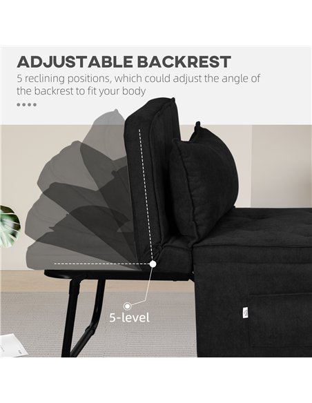 HOMCOM Fabric Sleeper Chair, Folding Chair Bed with Adjustable Backrest, Pillow, Side Pockets for Living Room, Black
