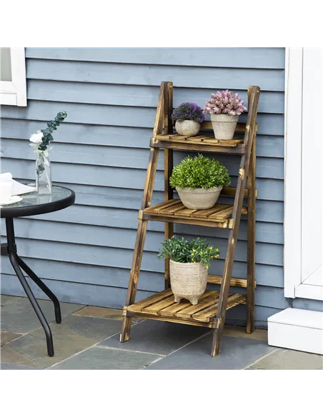 Outsunny Wooden Folding Flower Pot Stand 3 Tier Garden Planter Display Ladder Gardener Storage Shelves Rack Herb Holder (40L x 3