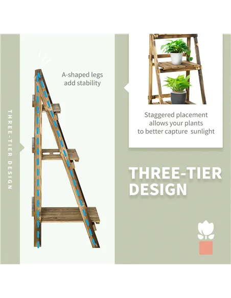 Outsunny Wooden Folding Flower Pot Stand 3 Tier Garden Planter Display Ladder Gardener Storage Shelves Rack Herb Holder (40L x 3