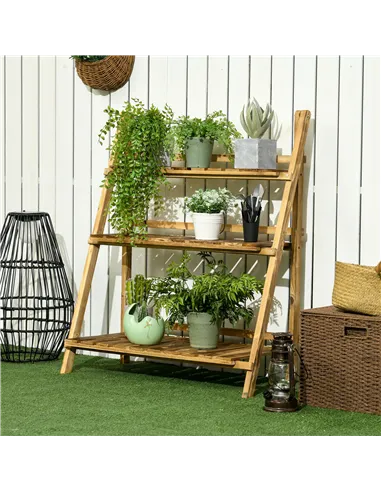 Outsunny Wooden Folding Flower Pot Stand 3 Tier Garden Planter Display Ladder Gardener Storage Shelves Rack Herb Holder (80L x 3