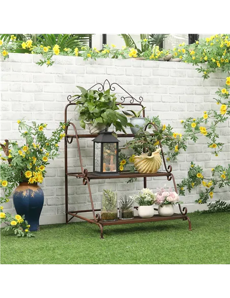 Outsunny 3 Tier Stair Style Metal Plant Stand, Flower Pot Holder Display Shelf, Storage Organizer Rack for Indoor Outdoor Patio 