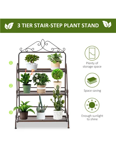 Outsunny 3 Tier Stair Style Metal Plant Stand, Flower Pot Holder Display Shelf, Storage Organizer Rack for Indoor Outdoor Patio 