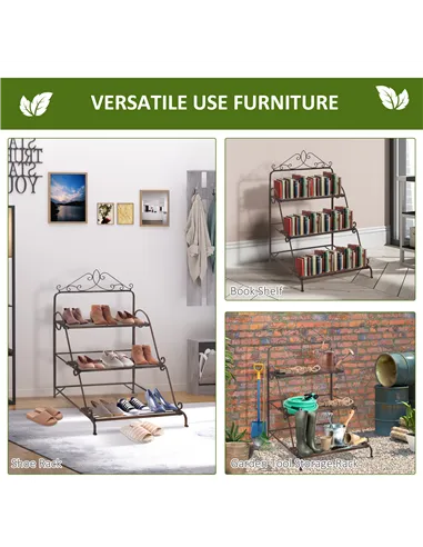 Outsunny 3 Tier Stair Style Metal Plant Stand, Flower Pot Holder Display Shelf, Storage Organizer Rack for Indoor Outdoor Patio 