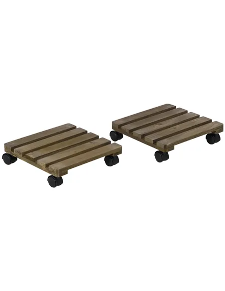 Outsunny 30L x 30W x 7Hcm 2 Pack Plant Stand with Wheels, Flowerpot Holder, Wooden Flower Display Stand for Indoor Outdoor Livin