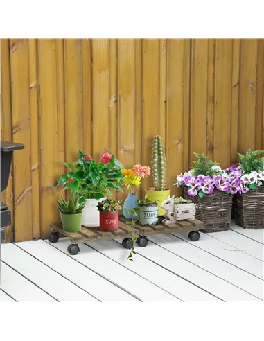 Outsunny 30L x 30W x 7Hcm 2 Pack Plant Stand with Wheels, Flowerpot Holder, Wooden Flower Display Stand for Indoor Outdoor Livin