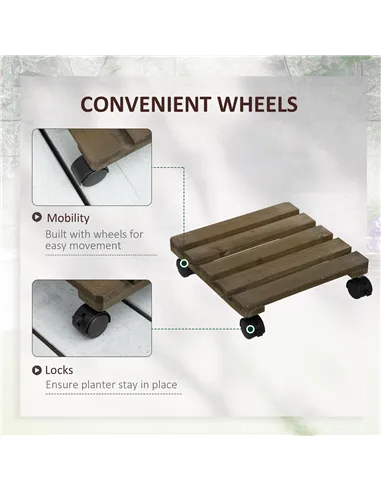 Outsunny 30L x 30W x 7Hcm 2 Pack Plant Stand with Wheels, Flowerpot Holder, Wooden Flower Display Stand for Indoor Outdoor Livin