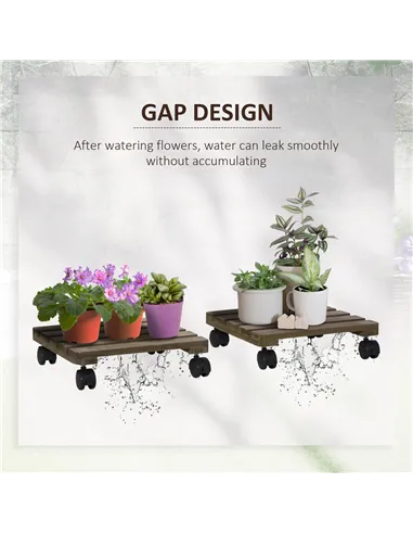 Outsunny 30L x 30W x 7Hcm 2 Pack Plant Stand with Wheels, Flowerpot Holder, Wooden Flower Display Stand for Indoor Outdoor Livin