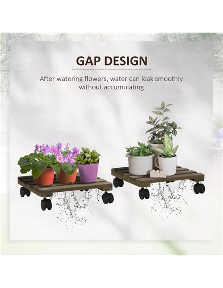 Outsunny 30L x 30W x 7Hcm 2 Pack Plant Stand with Wheels, Flowerpot Holder, Wooden Flower Display Stand for Indoor Outdoor Livin