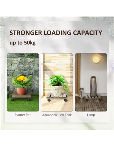 Outsunny 30L x 30W x 7Hcm 2 Pack Plant Stand with Wheels, Flowerpot Holder, Wooden Flower Display Stand for Indoor Outdoor Livin