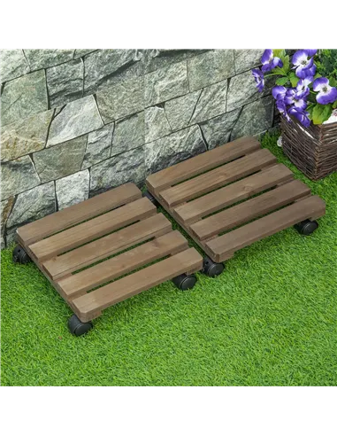 Outsunny 30L x 30W x 7Hcm 2 Pack Plant Stand with Wheels, Flowerpot Holder, Wooden Flower Display Stand for Indoor Outdoor Livin