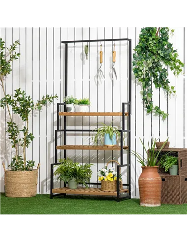 Outsunny 3 Tiered Plant Stand with Hanging Hooks, Flower Rack Shelf for Indoor Outdoor Porch Balcony Living Room Bedroom