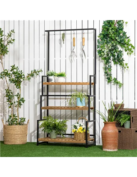 Outsunny 3 Tiered Plant Stand with Hanging Hooks, Flower Rack Shelf for Indoor Outdoor Porch Balcony Living Room Bedroom