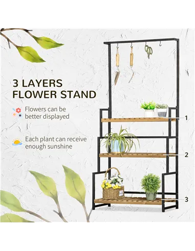 Outsunny 3 Tiered Plant Stand with Hanging Hooks, Flower Rack Shelf for Indoor Outdoor Porch Balcony Living Room Bedroom