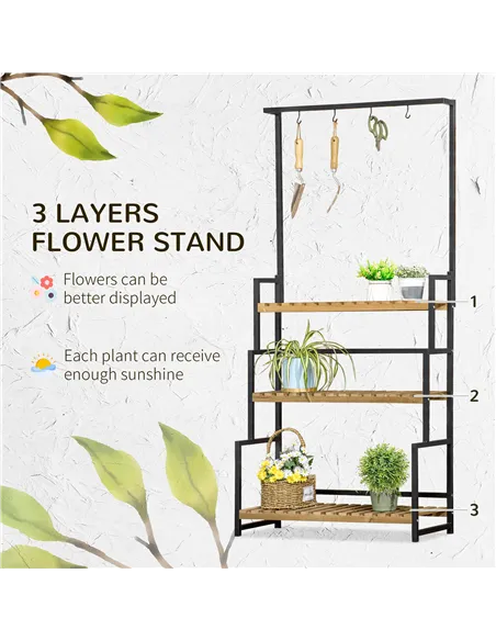 Outsunny 3 Tiered Plant Stand with Hanging Hooks, Flower Rack Shelf for Indoor Outdoor Porch Balcony Living Room Bedroom