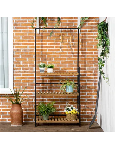 Outsunny 3 Tiered Plant Stand with Hanging Hooks, Flower Rack Shelf for Indoor Outdoor Porch Balcony Living Room Bedroom
