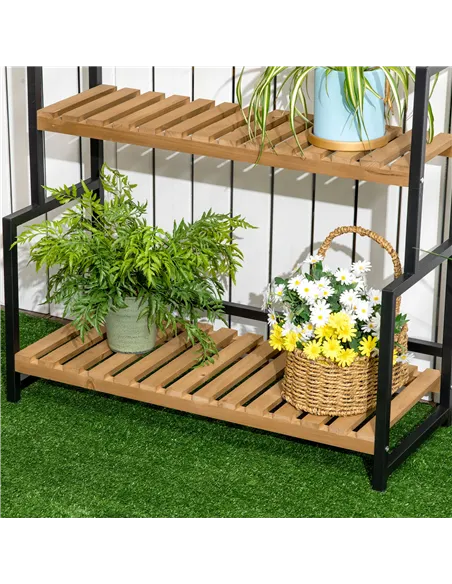 Outsunny 3 Tiered Plant Stand with Hanging Hooks, Flower Rack Shelf for Indoor Outdoor Porch Balcony Living Room Bedroom