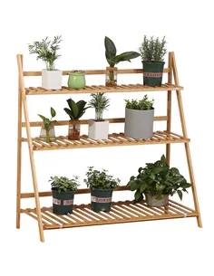 Outsunny 3-Tier Plant Stand, Plant Shelf Rack, Folding Bamboo Display Stand, 98x37x96.5cm, Natural